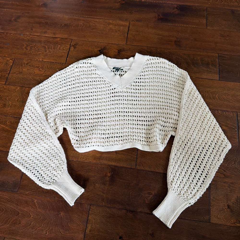 Wild Fable Cream Open Knit Crochet Cropped Sweater V-Neck XXS Boho